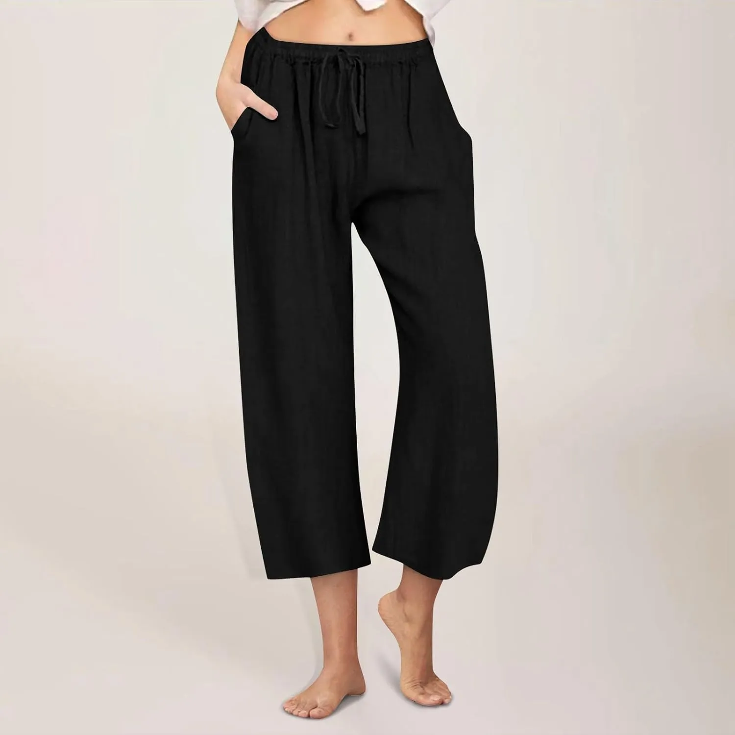Wide Leg Cropped Pants for Women Summer Casual Linen Pants Drawstring Lightweight Comfy Beach Trousers with Pockets