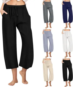 Wide Leg Cropped Pants for Women Summer Casual Linen Pants Drawstring Lightweight Comfy Beach Trousers with Pockets
