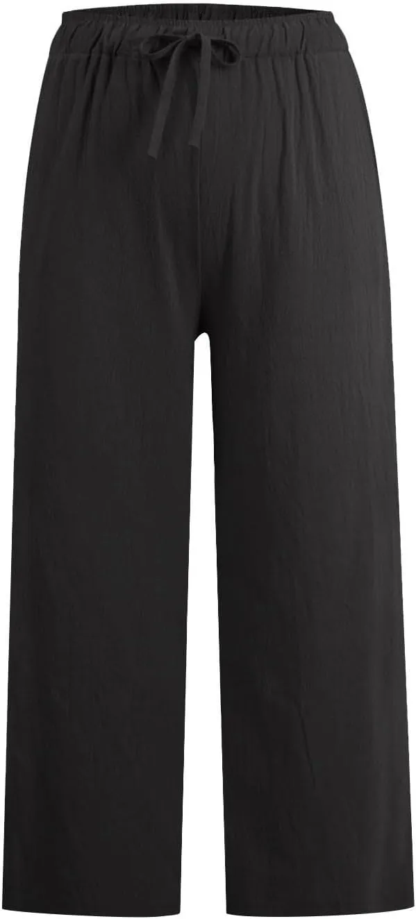 Wide Leg Cropped Pants for Women Summer Casual Linen Pants Drawstring Lightweight Comfy Beach Trousers with Pockets