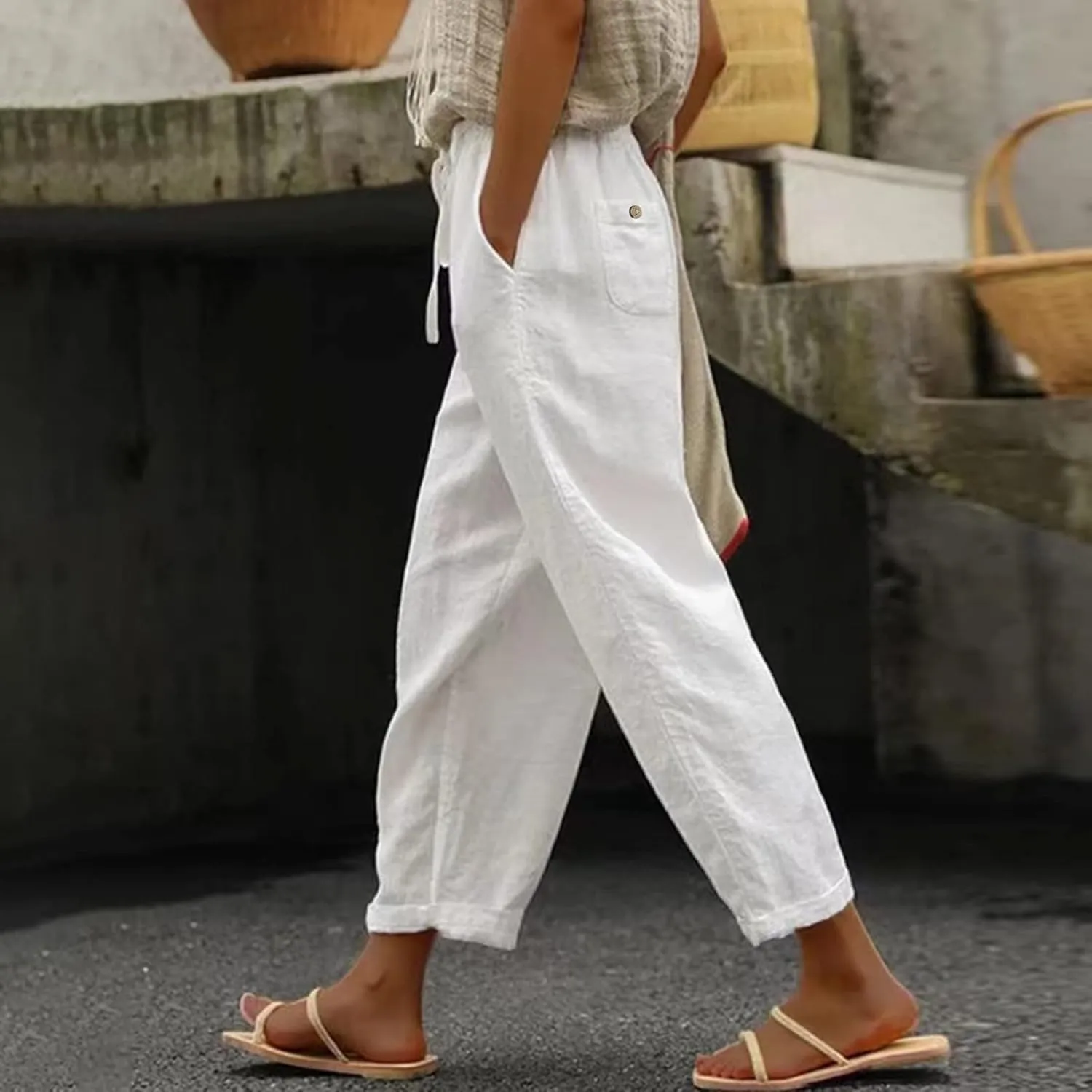 Wide Leg Cropped Pants Womens Lightweight Baggy Linen Straight Leg Trousers Casual Flowy Loose Linen Pants with Pockets