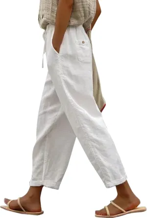 Wide Leg Cropped Pants Womens Lightweight Baggy Linen Straight Leg Trousers Casual Flowy Loose Linen Pants with Pockets