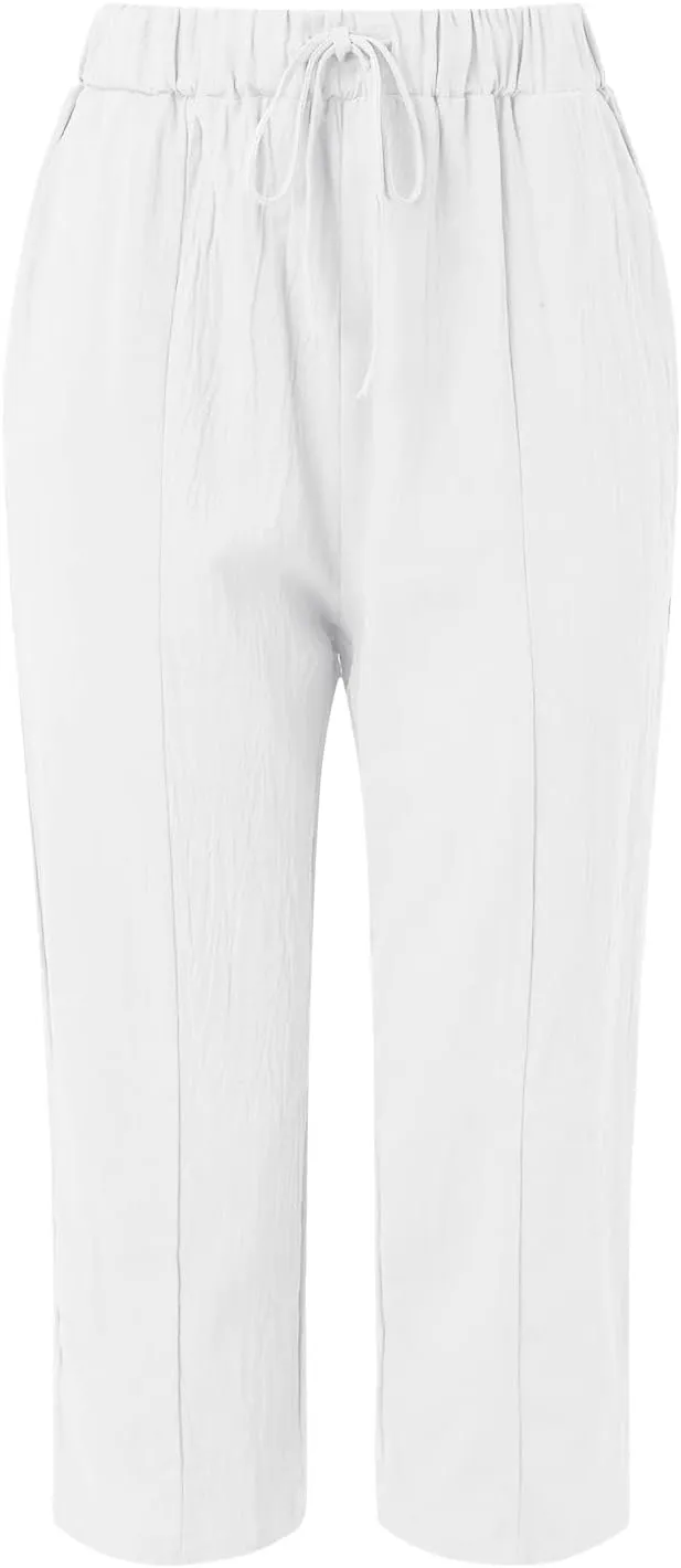 Wide Leg Cropped Pants Womens Lightweight Baggy Linen Straight Leg Trousers Casual Flowy Loose Linen Pants with Pockets