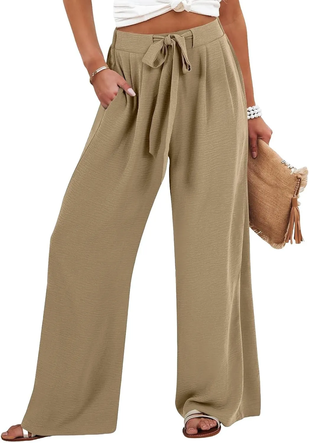 Wide Leg Linen for Pants Women Baggy Knot Tie High Waisted Palazzo Pants Flowy Summer Gauze Beach Pants with Pockets