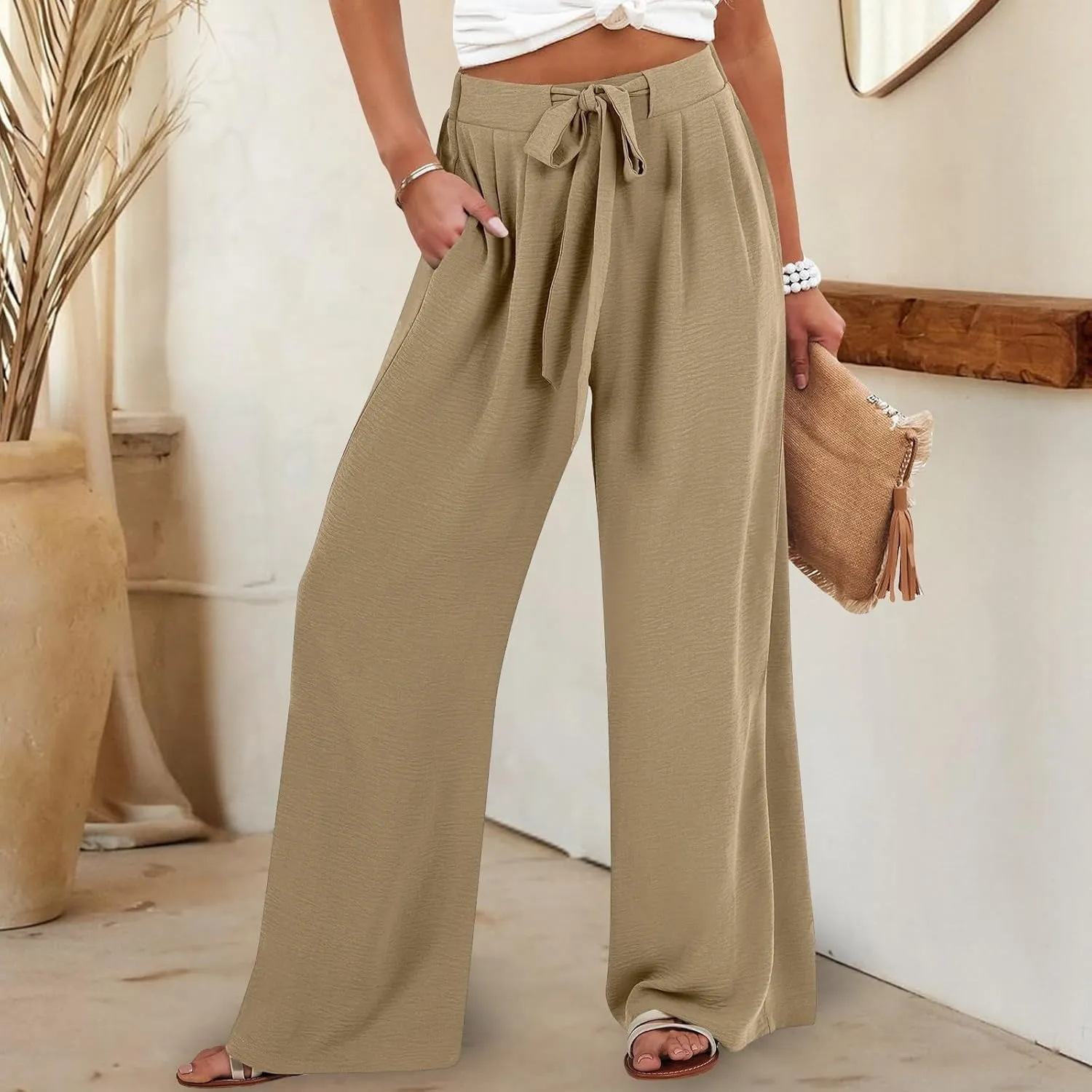 Wide Leg Linen for Pants Women Baggy Knot Tie High Waisted Palazzo Pants Flowy Summer Gauze Beach Pants with Pockets