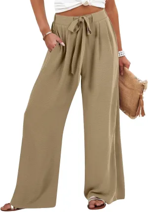 Wide Leg Linen for Pants Women Baggy Knot Tie High Waisted Palazzo Pants Flowy Summer Gauze Beach Pants with Pockets