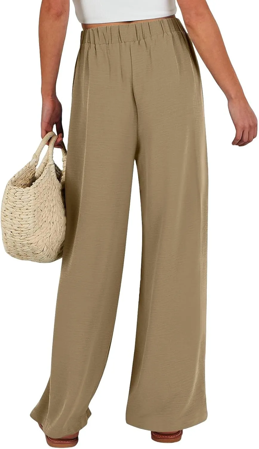Wide Leg Linen for Pants Women Baggy Knot Tie High Waisted Palazzo Pants Flowy Summer Gauze Beach Pants with Pockets