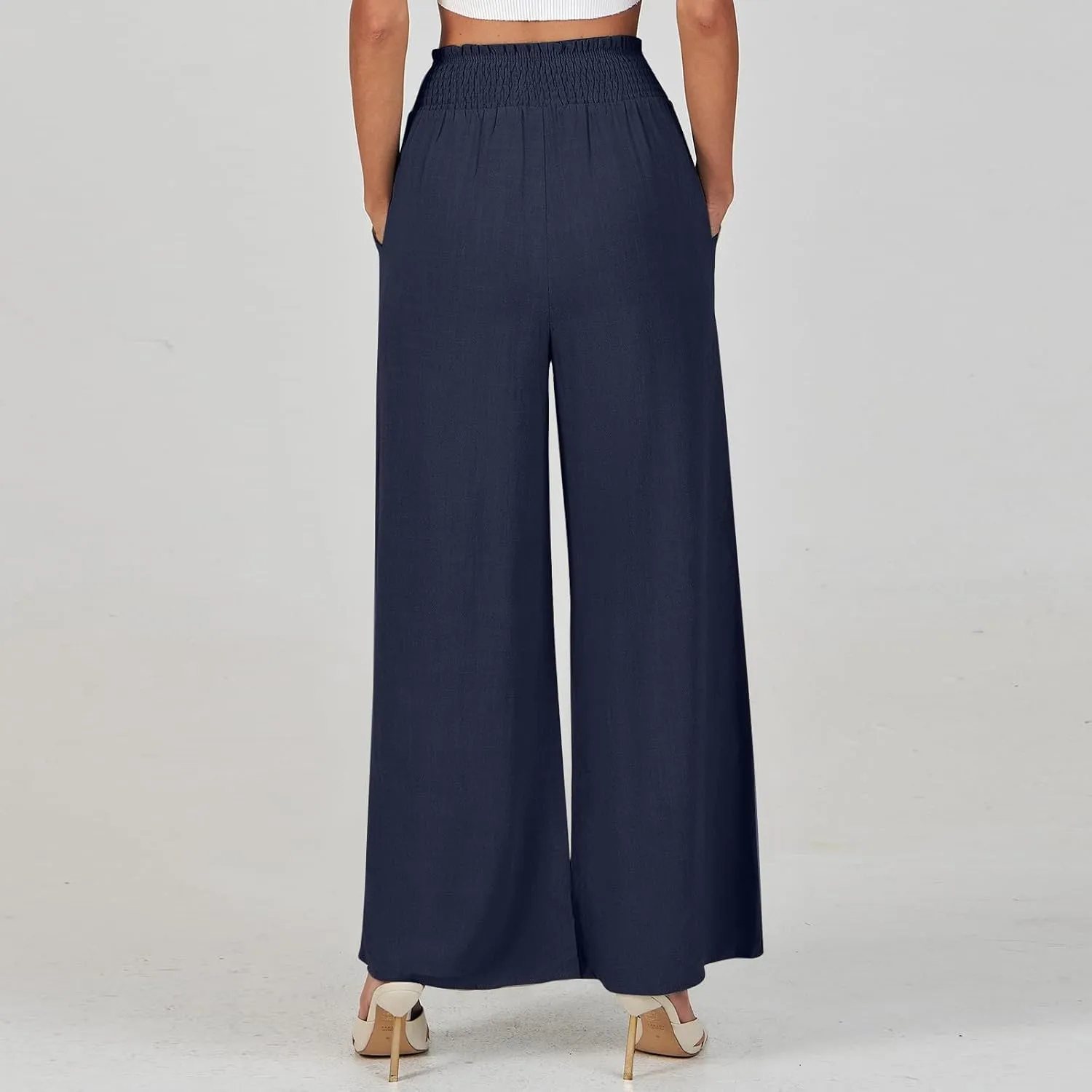 Wide Leg Linen Pants for Women Casual Drawstring Elastic High Waisted Paperbag Pants Lightweight Summer Beach Trousers