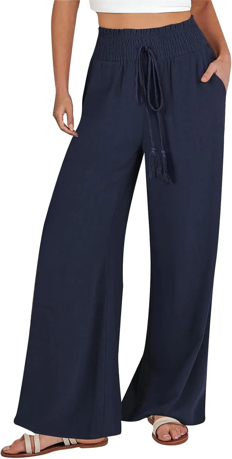 Wide Leg Linen Pants for Women Casual Drawstring Elastic High Waisted Paperbag Pants Lightweight Summer Beach Trousers