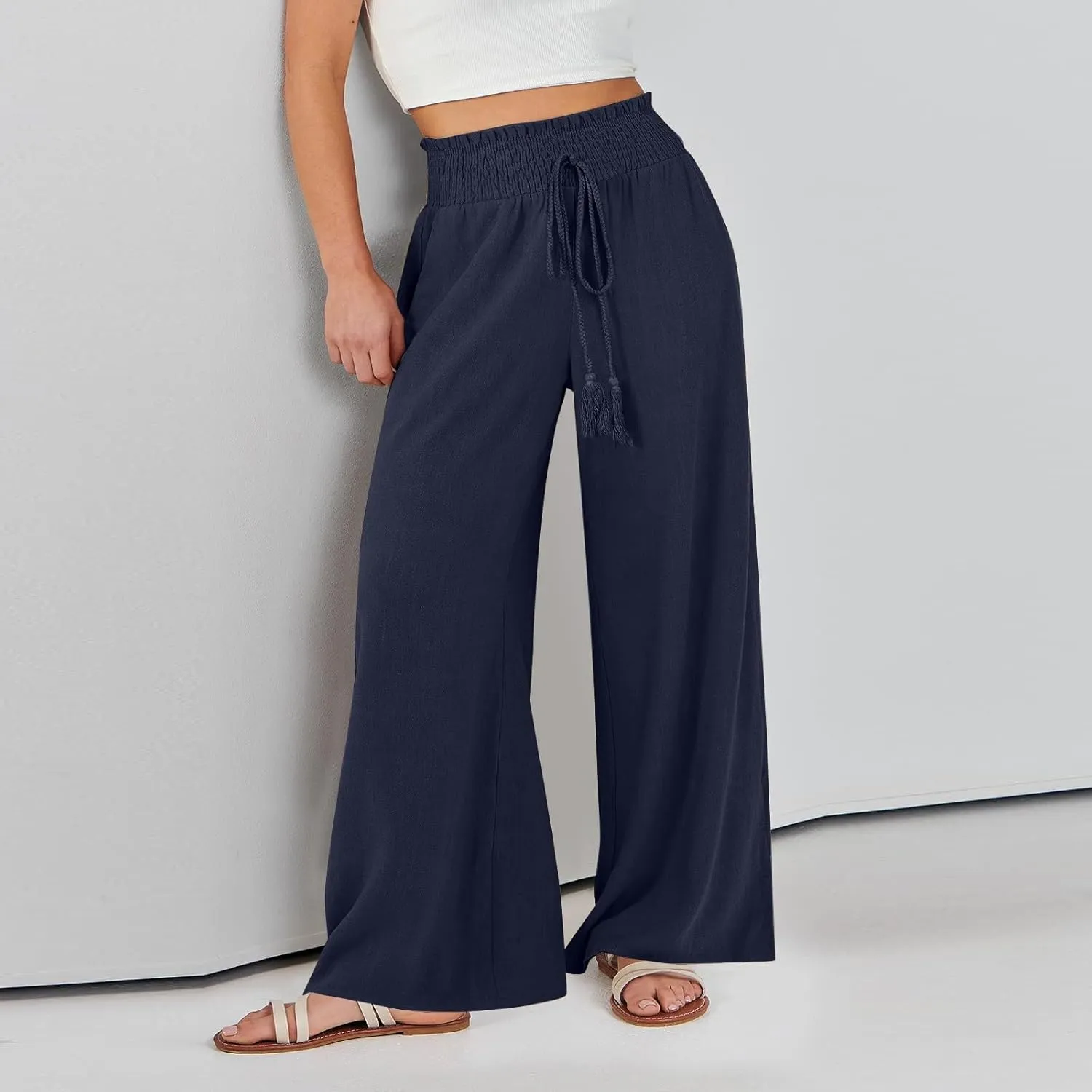 Wide Leg Linen Pants for Women Casual Drawstring Elastic High Waisted Paperbag Pants Lightweight Summer Beach Trousers
