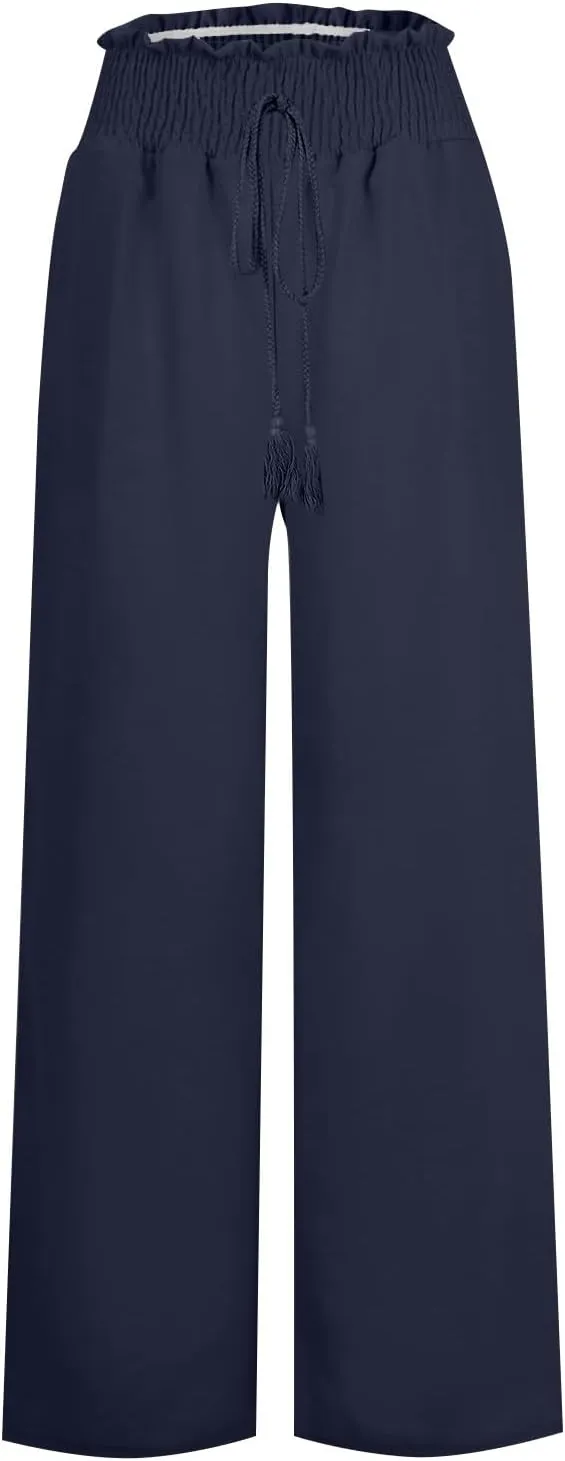 Wide Leg Linen Pants for Women Casual Drawstring Elastic High Waisted Paperbag Pants Lightweight Summer Beach Trousers