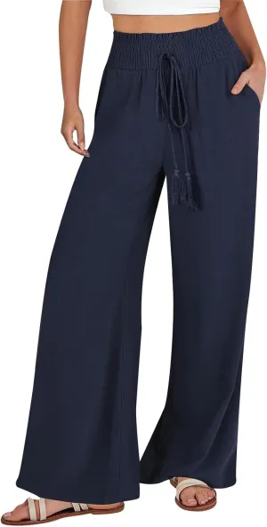 Wide Leg Linen Pants for Women Casual Drawstring Elastic High Waisted Paperbag Pants Lightweight Summer Beach Trousers