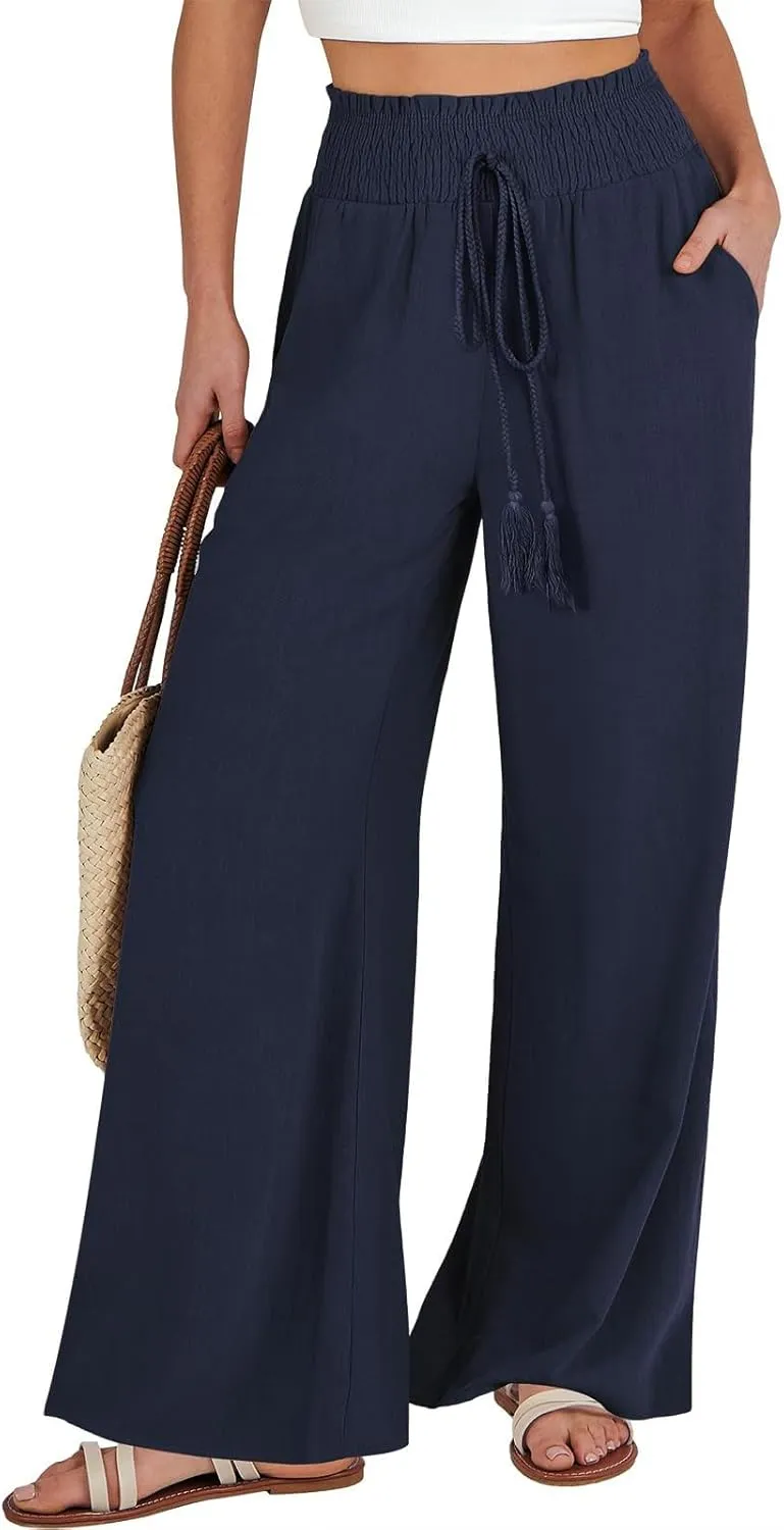 Wide Leg Linen Pants for Women Casual Drawstring Elastic High Waisted Paperbag Pants Lightweight Summer Beach Trousers