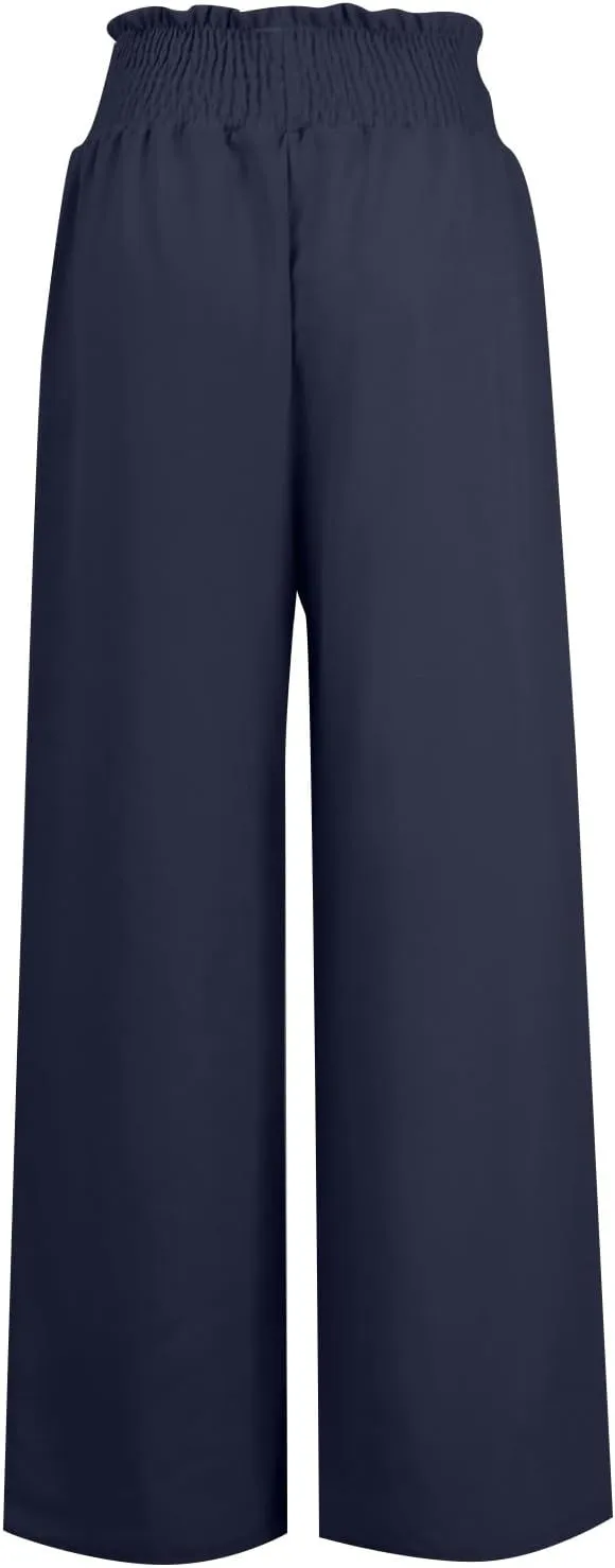 Wide Leg Linen Pants for Women Casual Drawstring Elastic High Waisted Paperbag Pants Lightweight Summer Beach Trousers