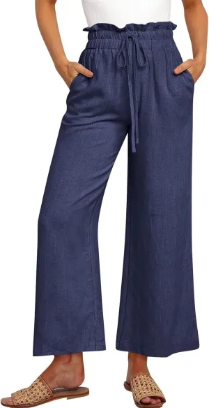 Wide Leg Linen Pants for Women Dressy Casual High Waisted Palazzo Pants Loose Fit Comfy Work Pants with Pockets