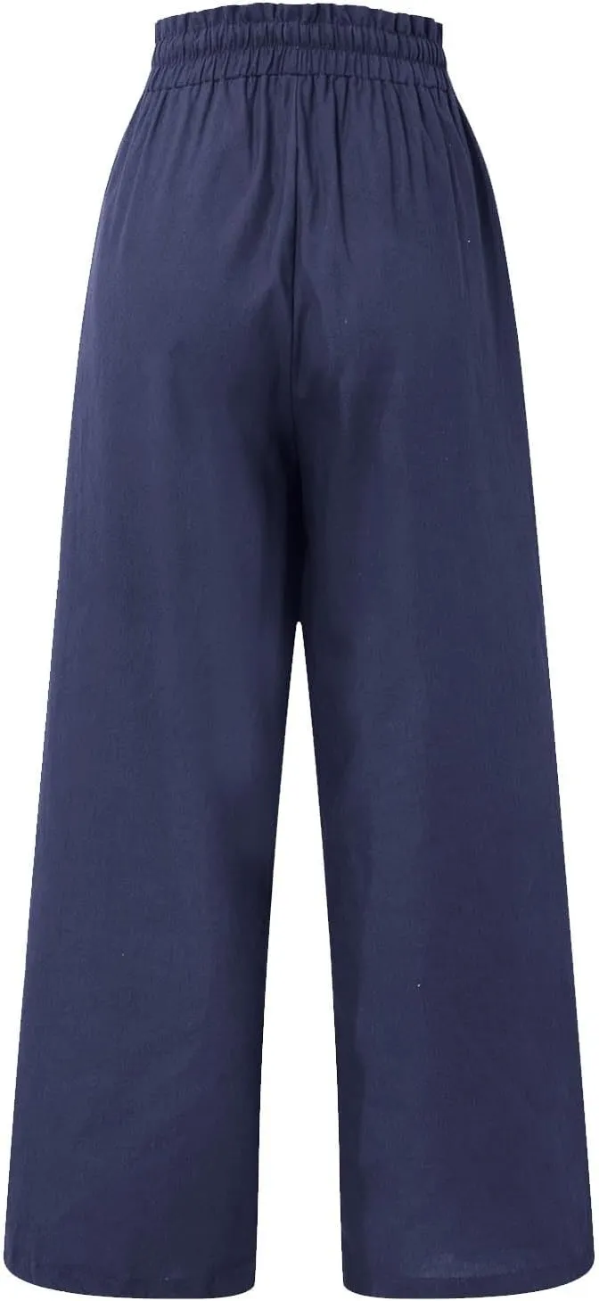 Wide Leg Linen Pants for Women Dressy Casual High Waisted Palazzo Pants Loose Fit Comfy Work Pants with Pockets