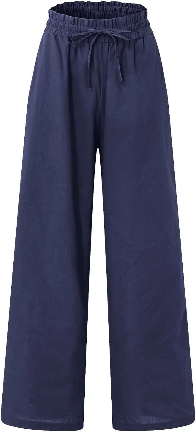 Wide Leg Linen Pants for Women Dressy Casual High Waisted Palazzo Pants Loose Fit Comfy Work Pants with Pockets