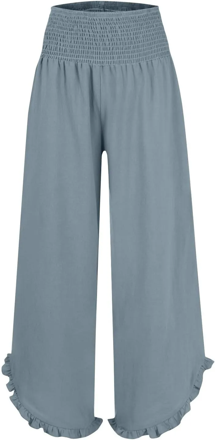 Wide Leg Linen Pants for Women Elastic High Waisted Tummy Control Ruffles Palazzo Pants Casual Summer Flowy Beach Trousers