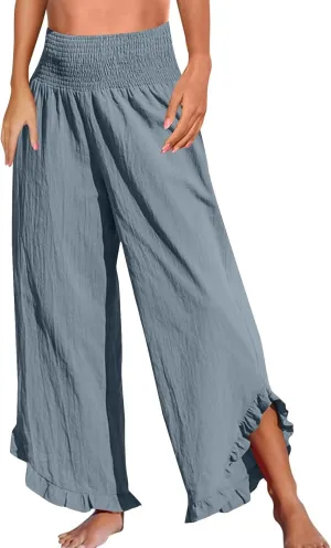 Wide Leg Linen Pants for Women Elastic High Waisted Tummy Control Ruffles Palazzo Pants Casual Summer Flowy Beach Trousers