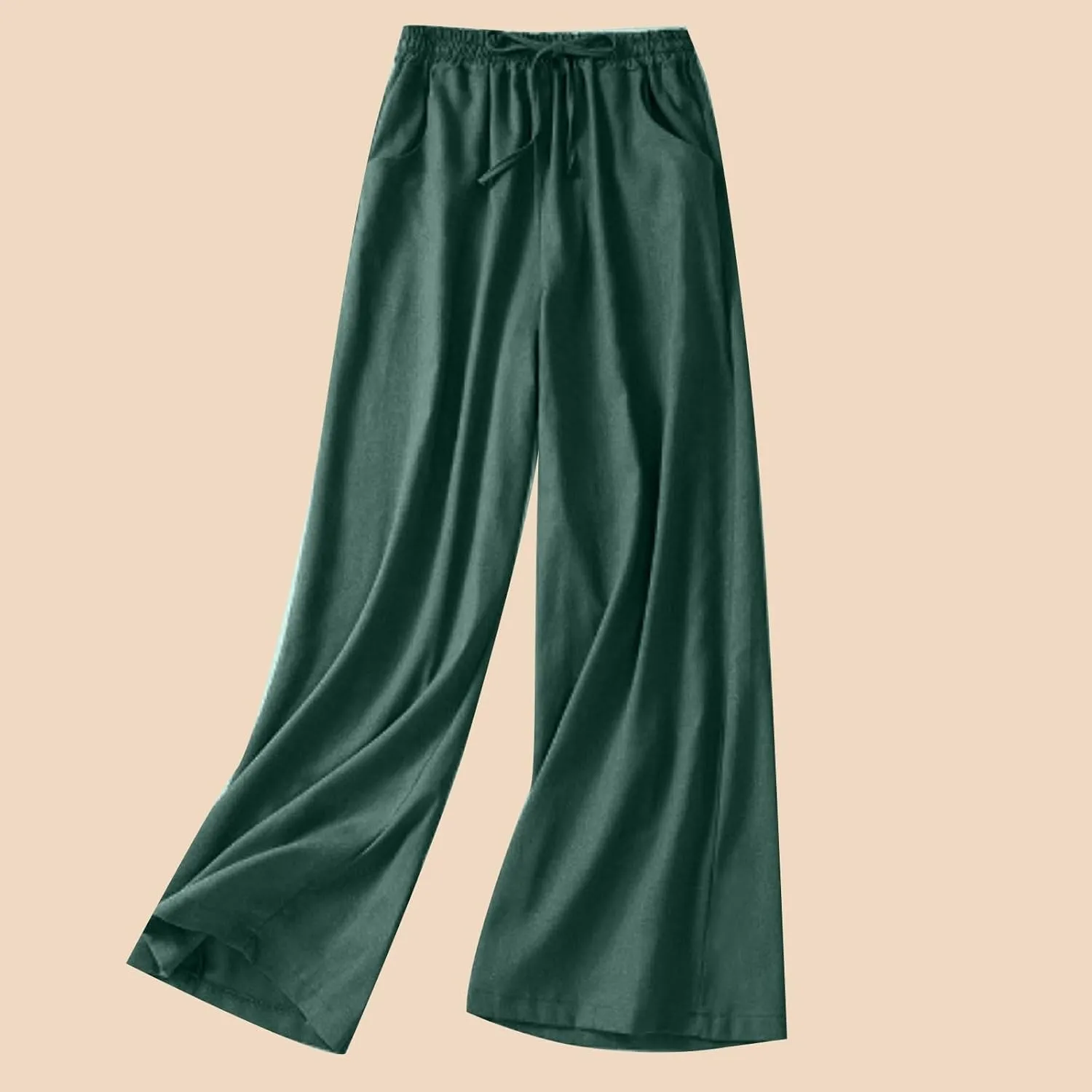 Wide Leg Linen Pants for Women Elastic Waist Drawstring Straight Leg Lounge Trousers Summer Palazzo Pants
