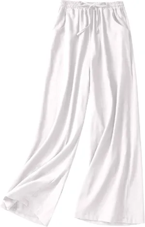 Wide Leg Linen Pants for Women Elastic Waist Drawstring Straight Leg Lounge Trousers Summer Palazzo Pants