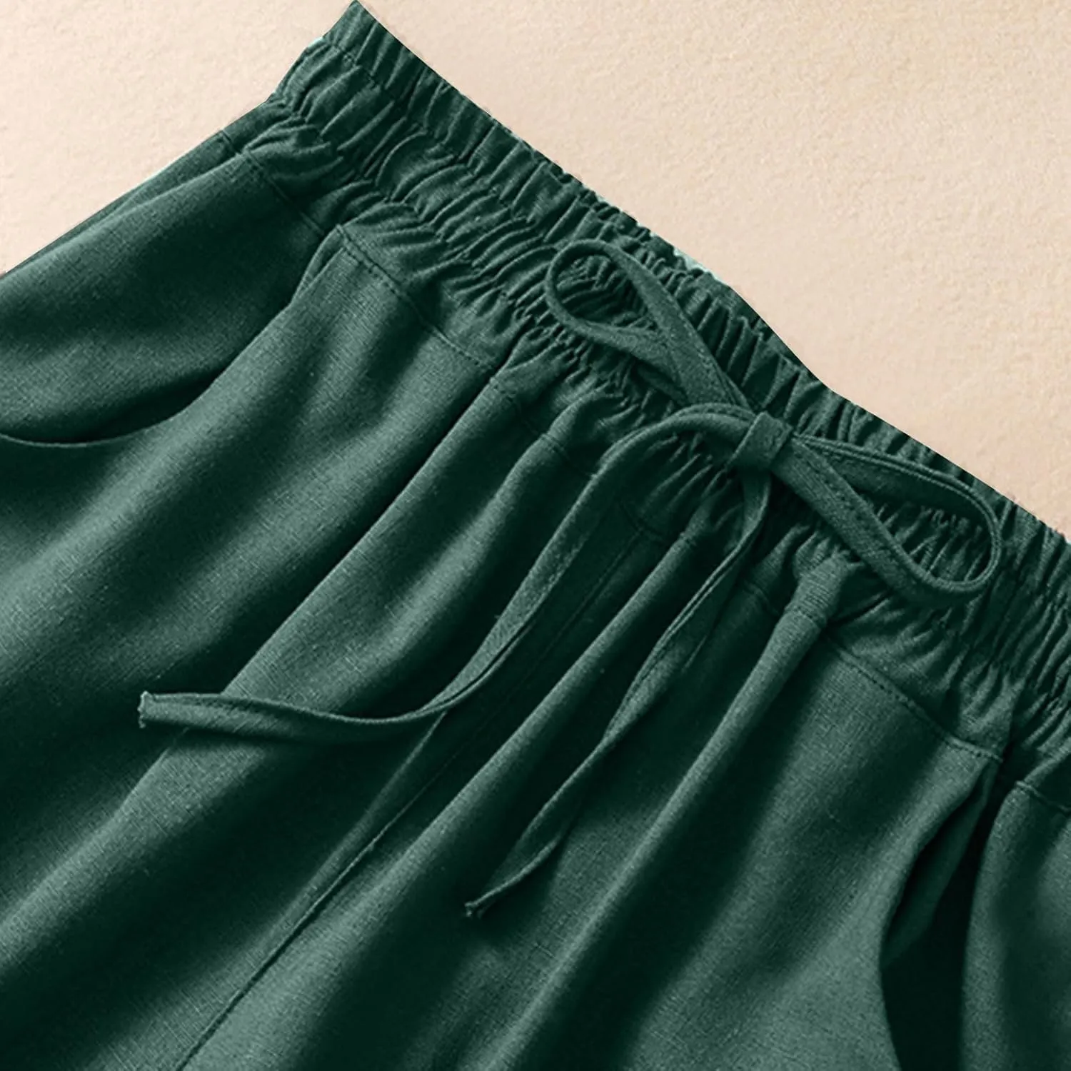 Wide Leg Linen Pants for Women Elastic Waist Drawstring Straight Leg Lounge Trousers Summer Palazzo Pants