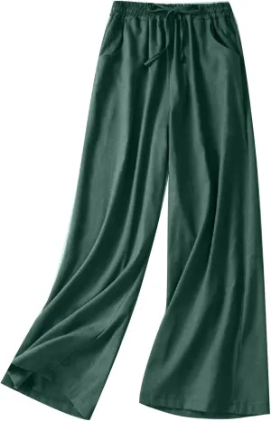 Wide Leg Linen Pants for Women Elastic Waist Drawstring Straight Leg Lounge Trousers Summer Palazzo Pants