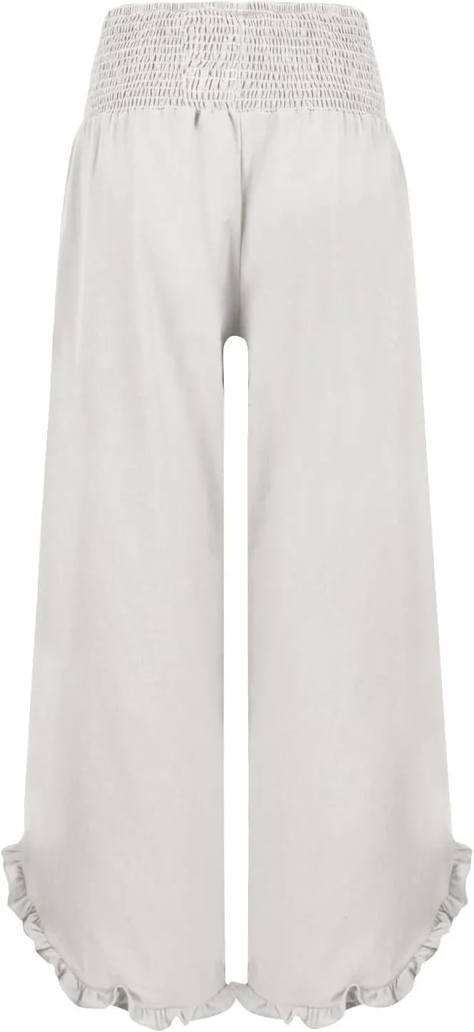 Wide Leg Linen Pants for Women Plus Szie Smocked High Waisted Ruffle Lounge Pants Gauze Summer Pants for Women 2025