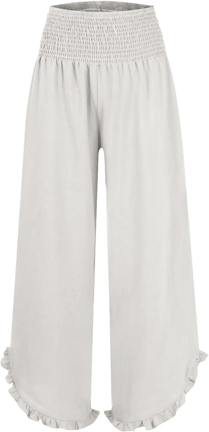 Wide Leg Linen Pants for Women Plus Szie Smocked High Waisted Ruffle Lounge Pants Gauze Summer Pants for Women 2025