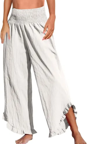 Wide Leg Linen Pants for Women Plus Szie Smocked High Waisted Ruffle Lounge Pants Gauze Summer Pants for Women 2025