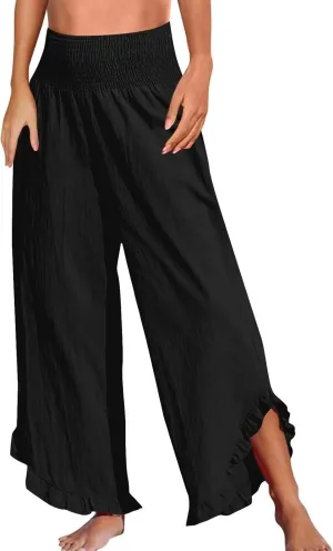 Wide Leg Linen Pants for Women Plus Szie Smocked High Waisted Ruffle Lounge Pants Gauze Summer Pants for Women 2025