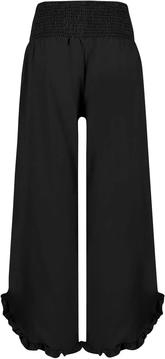 Wide Leg Linen Pants for Women Plus Szie Smocked High Waisted Ruffle Lounge Pants Gauze Summer Pants for Women 2025