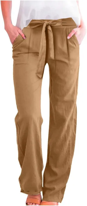 Wide Leg Linen Pants for Women Tie Front High Waisted Palazzo Pants Plus Size Casual Summer Beach Pants with Pockets