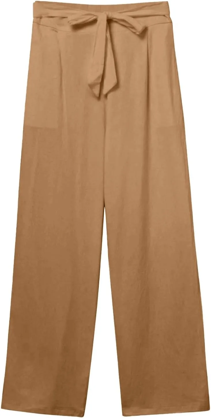 Wide Leg Linen Pants for Women Tie Front High Waisted Palazzo Pants Plus Size Casual Summer Beach Pants with Pockets