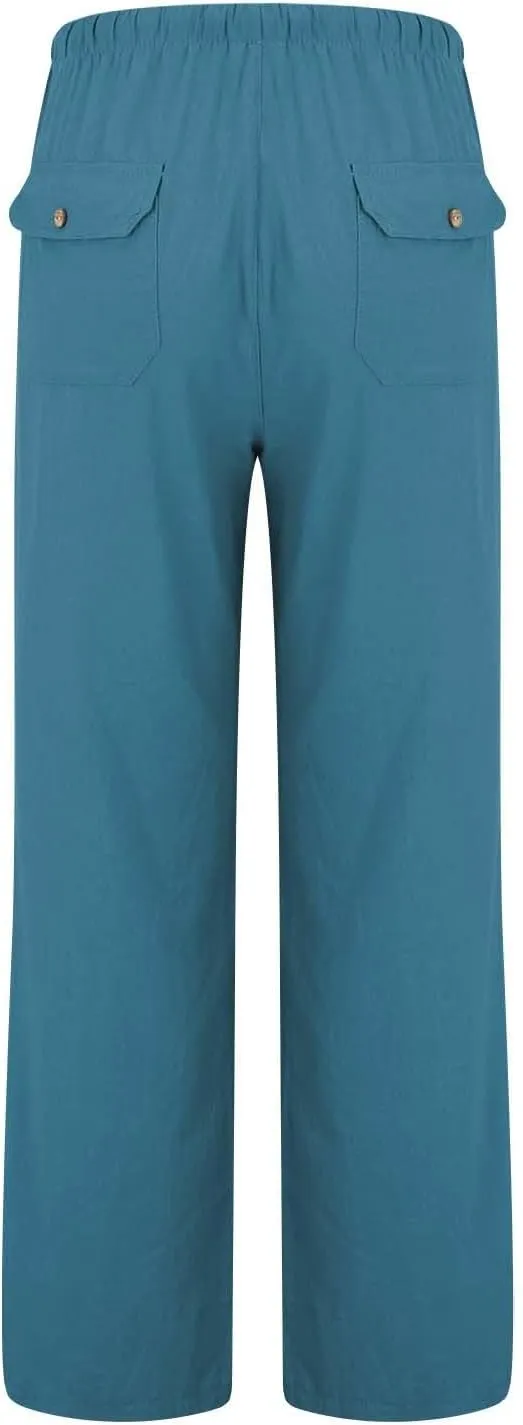 Wide Leg Linen Pants Woman Summer Elasticated Waist Drawstring Palazzo Pants Lightweight Beach Trousers with Pockets