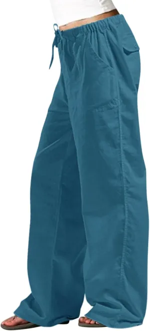 Wide Leg Linen Pants Woman Summer Elasticated Waist Drawstring Palazzo Pants Lightweight Beach Trousers with Pockets