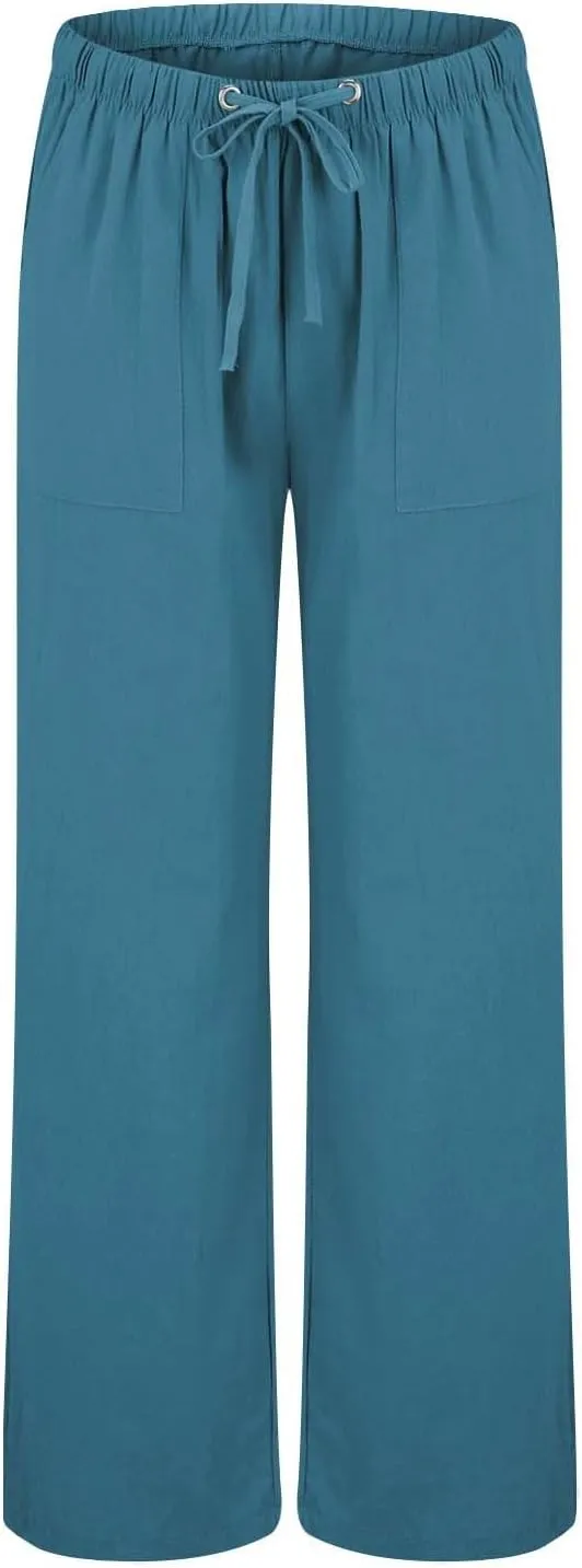 Wide Leg Linen Pants Woman Summer Elasticated Waist Drawstring Palazzo Pants Lightweight Beach Trousers with Pockets