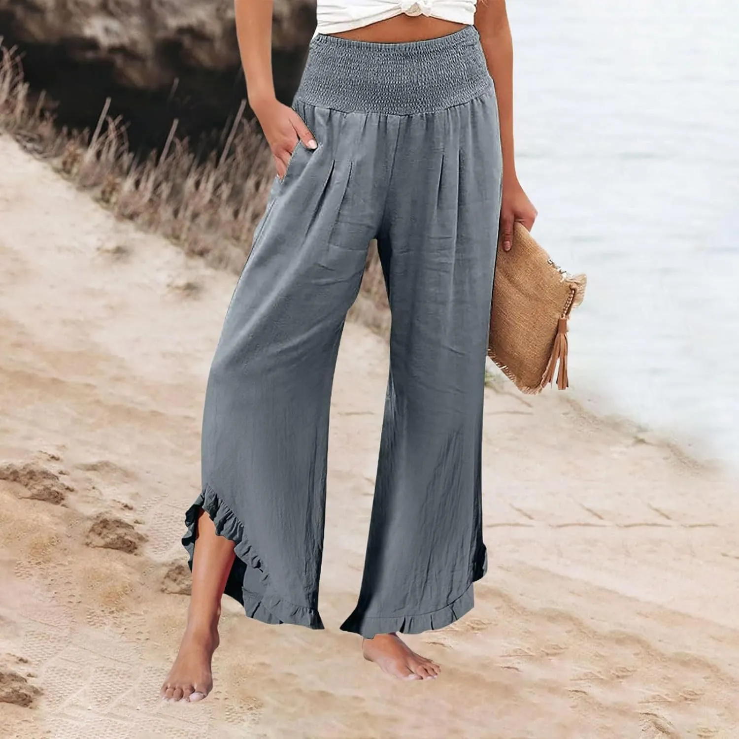 Wide Leg Linen Pants Women Boho High Waisted Ruffle Palazzo Pants Flowy Summer Resort Wear Vacation Beach Trousers