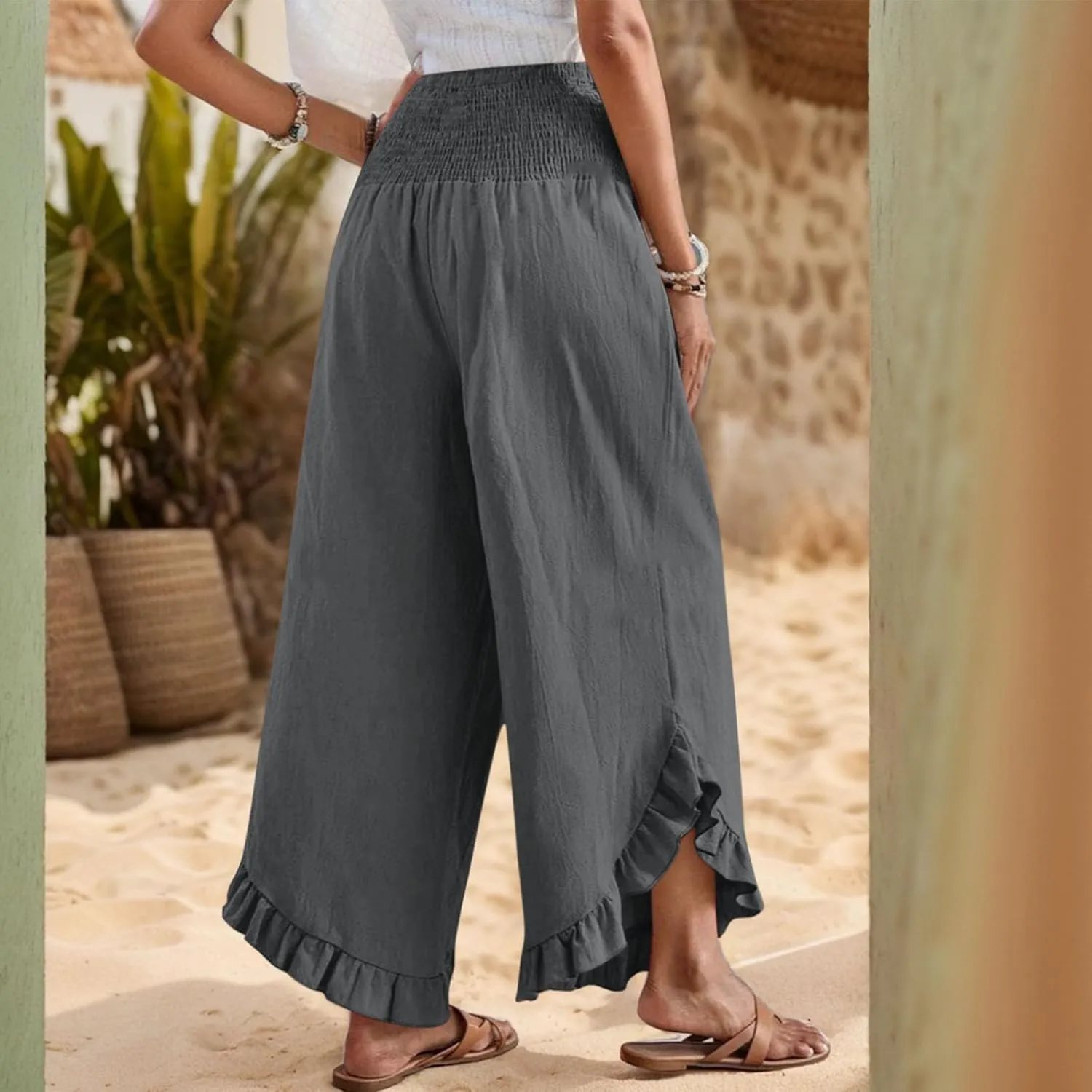Wide Leg Linen Pants Women Boho High Waisted Ruffle Palazzo Pants Flowy Summer Resort Wear Vacation Beach Trousers
