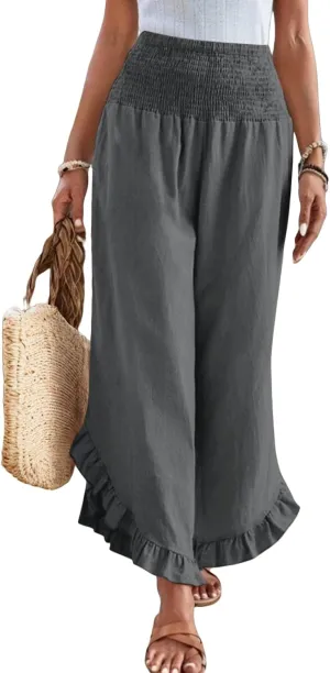 Wide Leg Linen Pants Women Boho High Waisted Ruffle Palazzo Pants Flowy Summer Resort Wear Vacation Beach Trousers