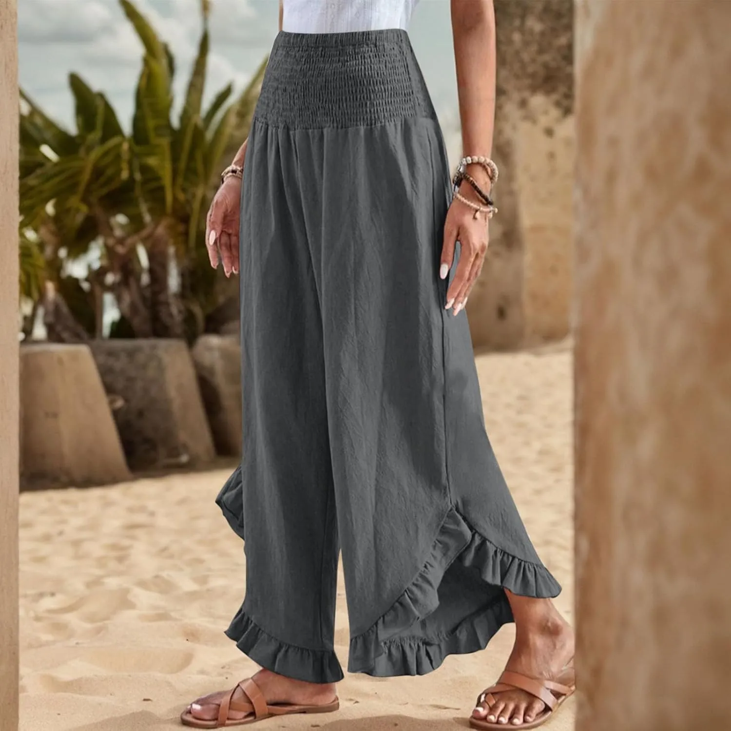 Wide Leg Linen Pants Women Boho High Waisted Ruffle Palazzo Pants Flowy Summer Resort Wear Vacation Beach Trousers