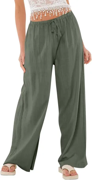 Wide Leg Linen Pants Women High Waisted Drawstring Cotton Palazzo Pants Straight Leg Flowy Beach Pants with Pockets