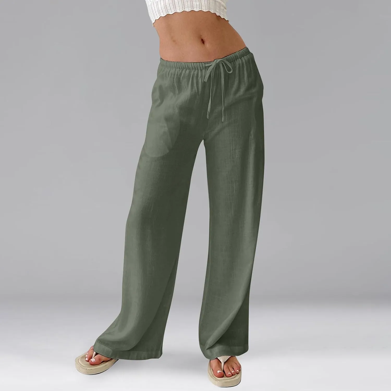 Wide Leg Linen Pants Women High Waisted Drawstring Cotton Palazzo Pants Straight Leg Flowy Beach Pants with Pockets