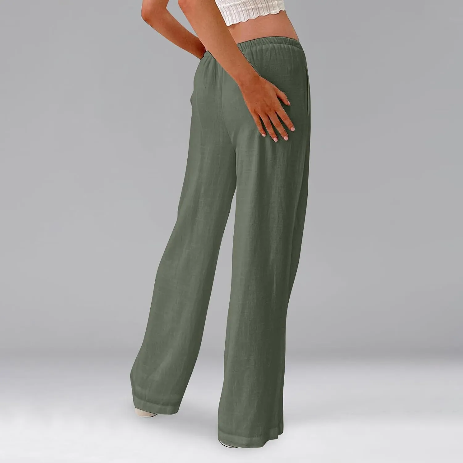 Wide Leg Linen Pants Women High Waisted Drawstring Cotton Palazzo Pants Straight Leg Flowy Beach Pants with Pockets