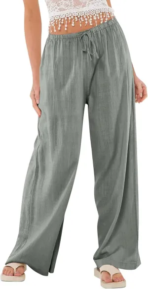 Wide Leg Linen Pants Women High Waisted Drawstring Cotton Palazzo Pants Straight Leg Flowy Beach Pants with Pockets