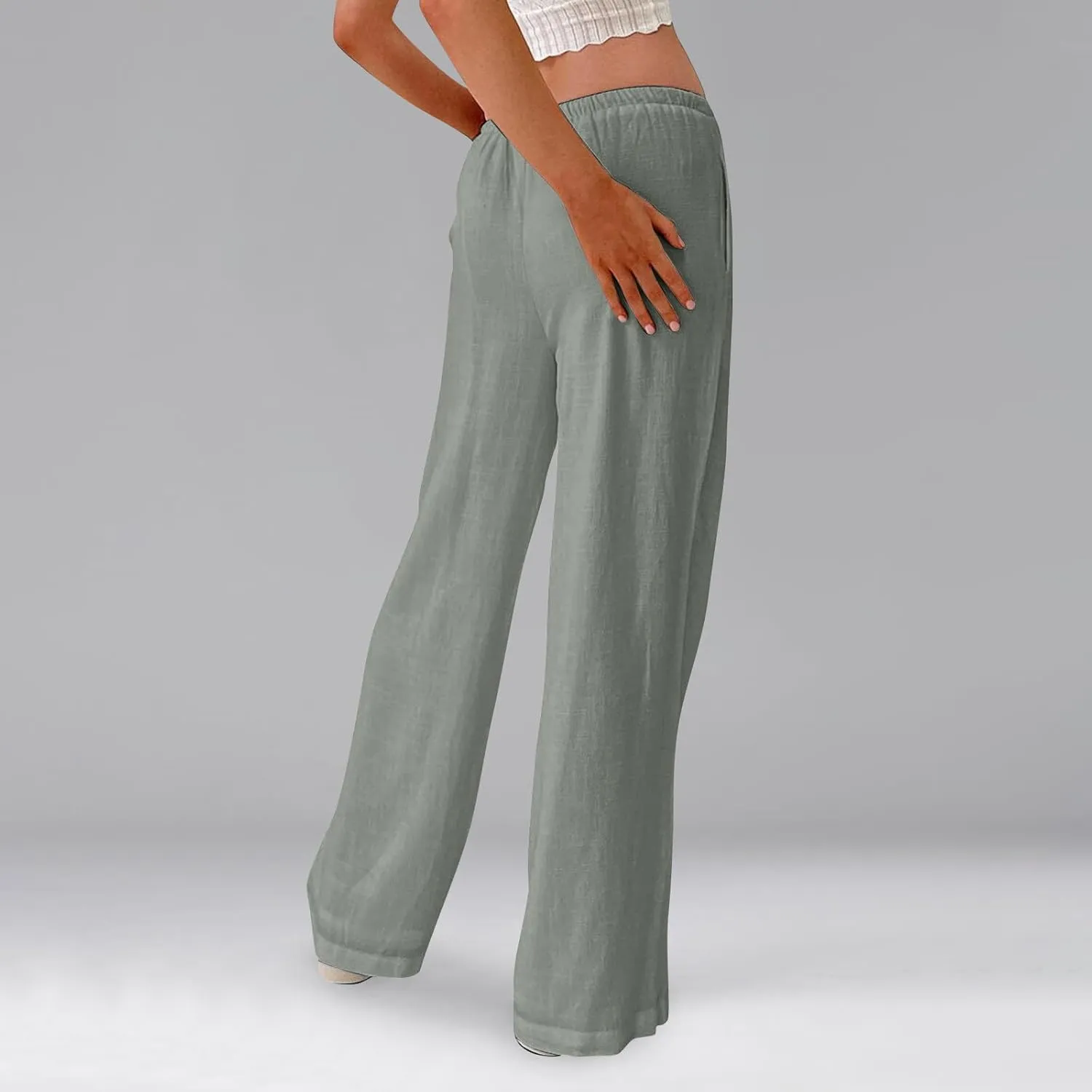 Wide Leg Linen Pants Women High Waisted Drawstring Cotton Palazzo Pants Straight Leg Flowy Beach Pants with Pockets