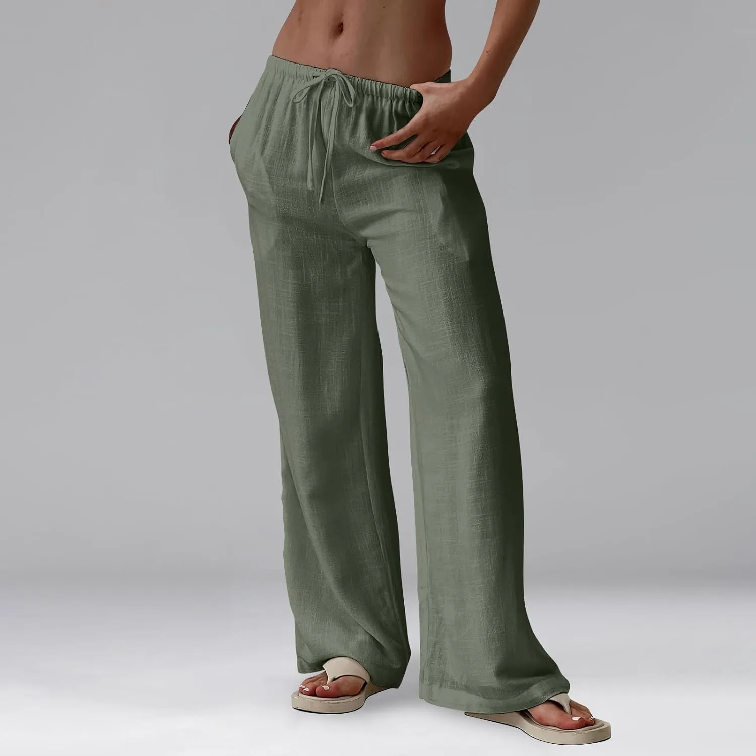 Wide Leg Linen Pants Women High Waisted Drawstring Cotton Palazzo Pants Straight Leg Flowy Beach Pants with Pockets