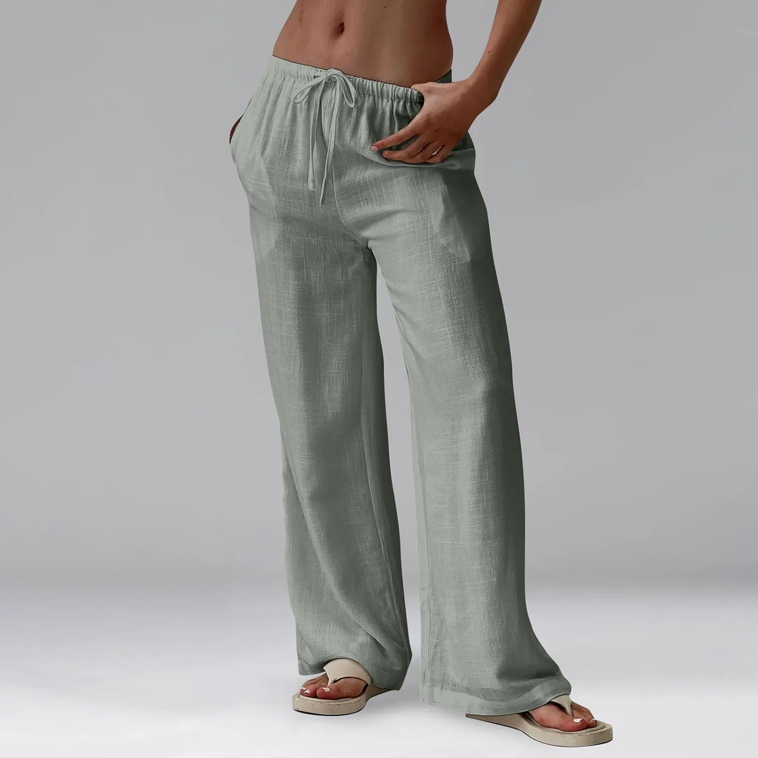 Wide Leg Linen Pants Women High Waisted Drawstring Cotton Palazzo Pants Straight Leg Flowy Beach Pants with Pockets