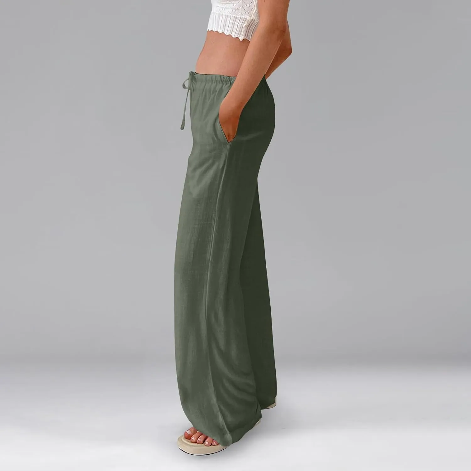 Wide Leg Linen Pants Women High Waisted Drawstring Cotton Palazzo Pants Straight Leg Flowy Beach Pants with Pockets