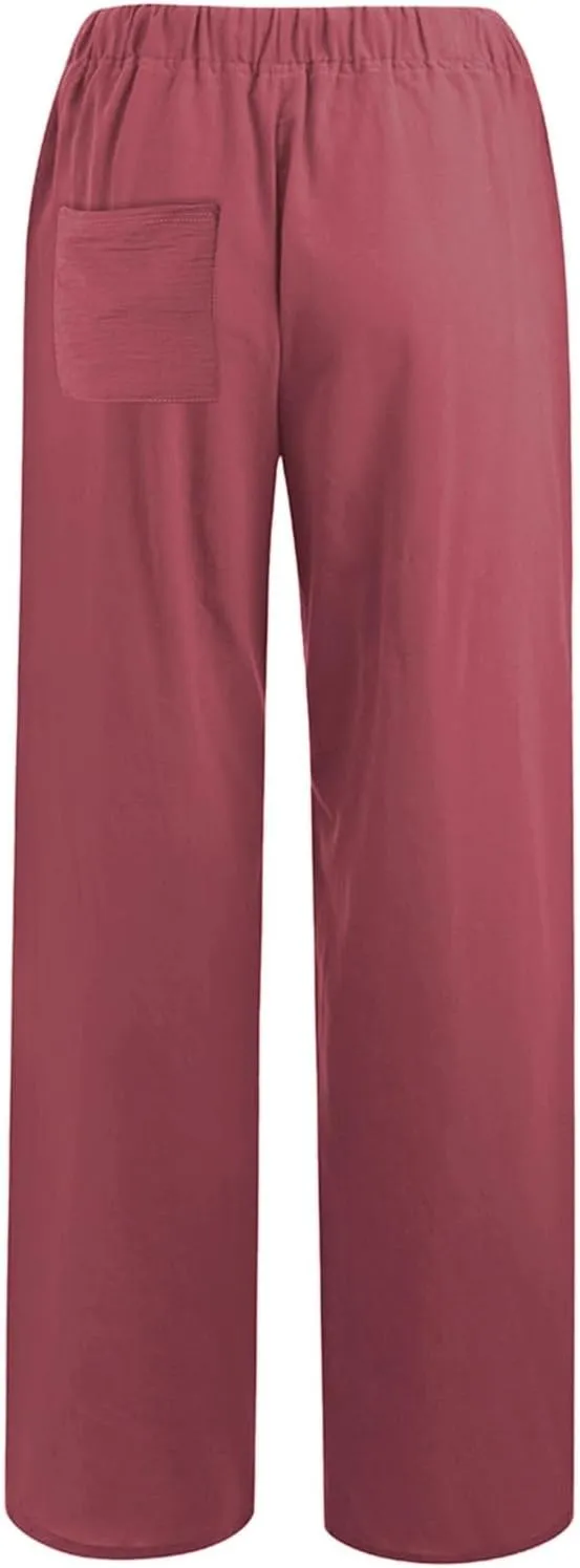 Wide Leg Linen Pants Women Summer Flowy Beach Pants Casual Drawstring High Waisted Palazzo Pants Plus Size Yoga Trousers