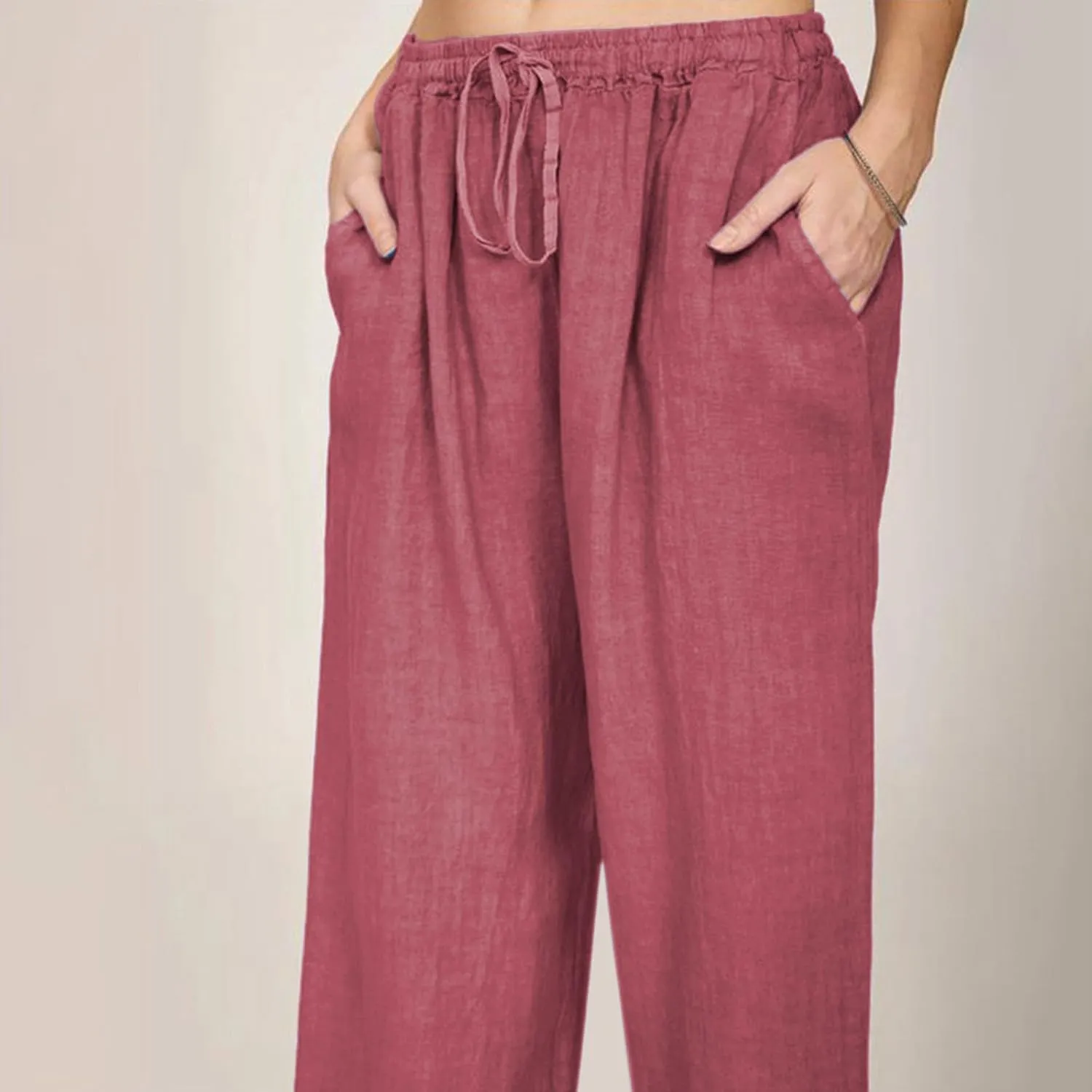 Wide Leg Linen Pants Women Summer Flowy Beach Pants Casual Drawstring High Waisted Palazzo Pants Plus Size Yoga Trousers